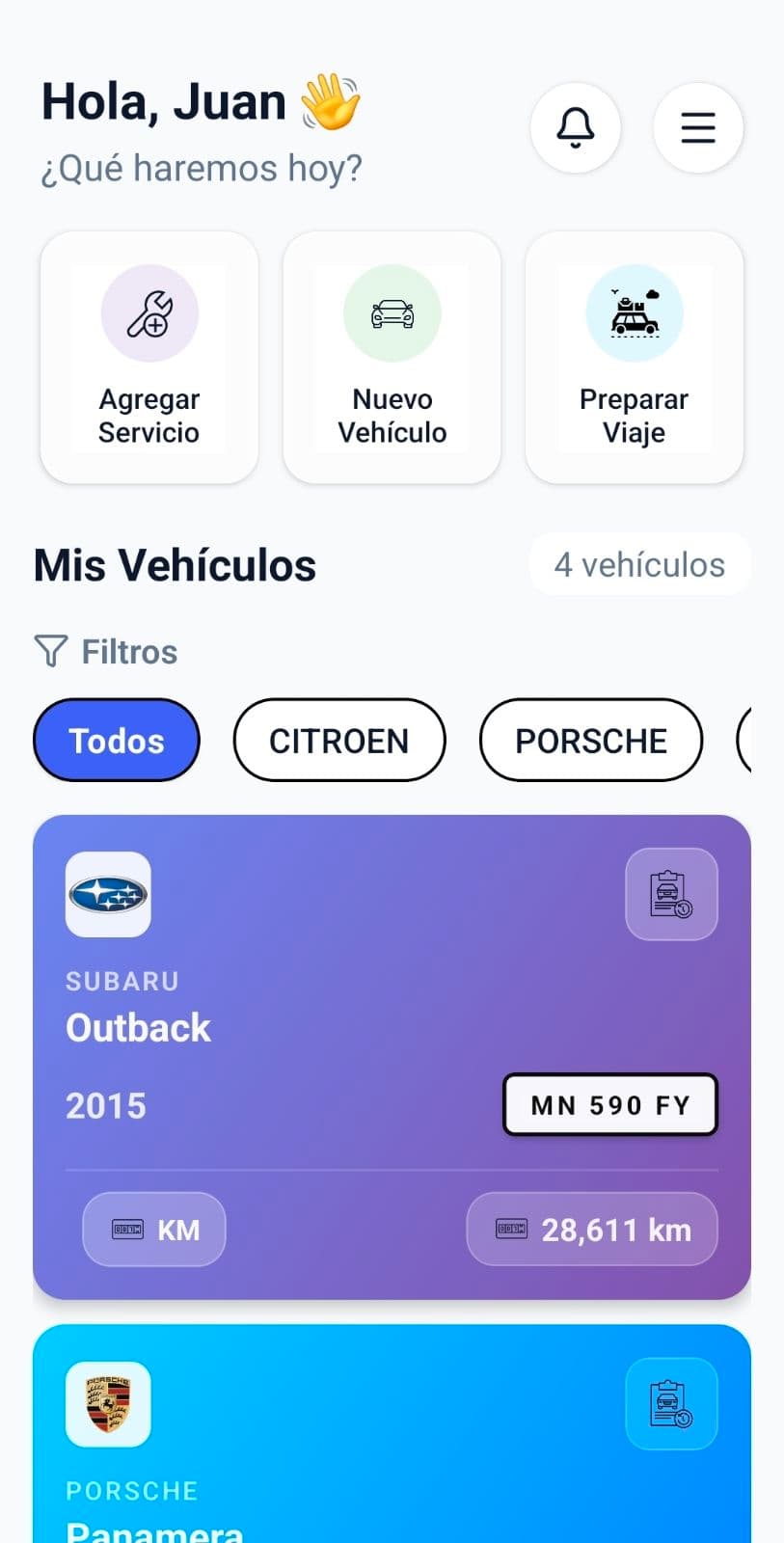 Home de usuario - Tus vehículos y resumen