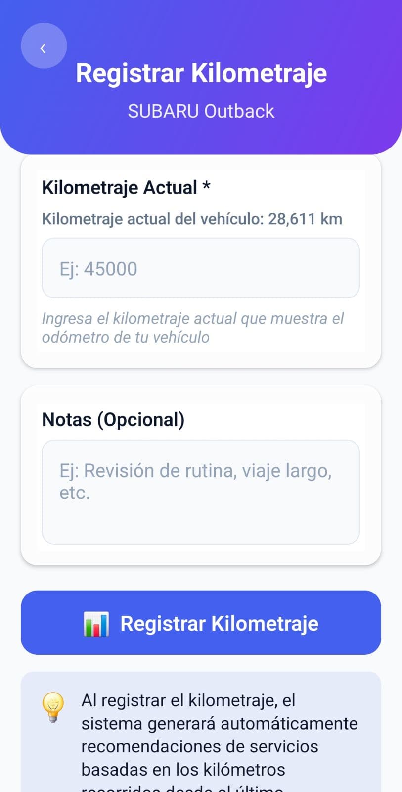 Registro de KM - Actualizá el kilometraje al instante